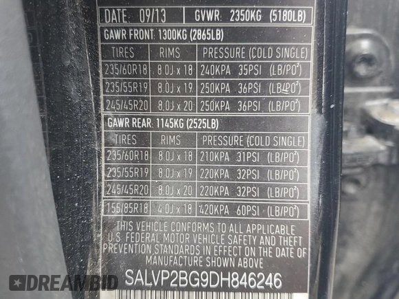 2013 Land Rover Range Rover Evoque Pure Plus z VIN SALVP2BG9DH846246, wystawiony jako Copart lot #56224725 z przebiegiem 116 348 mil mil oraz Szkoda całkowita • Salvage title. Historia ofert i sprzedaży dostępna na DreamBid. Obrazek 14.