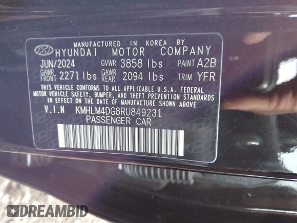 2024 Hyundai Elantra SEL with VIN KMHLM4DG8RU849231, listed as a IAAI auction lot 40867879 with 763 mi miles and . Bid and sale history available at DreamBid. Image 9.