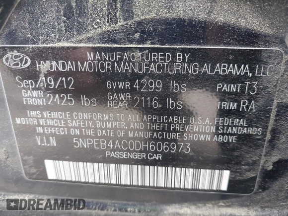 2013 Hyundai Sonata GLS with VIN 5NPEB4AC0DH606973, listed as a IAAI auction lot 42027694 with 243,935 mi miles and . Bid and sale history available at carsss.com. Image 9.