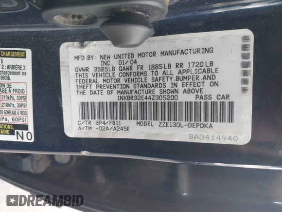 2004 Toyota Corolla CE with VIN 1NXBR32E44Z305200, listed as a IAAI auction lot 41691046 with 137,474 mi miles and . Bid and sale history available at DreamBid. Image 9.