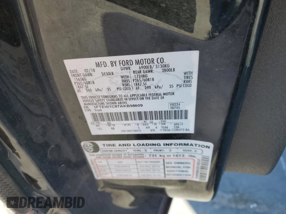 2010 Ford F-150 XL with VIN 1FTEW1C87AKB98609, listed as a Copart auction lot 41811125 with 159,392 mi miles and Clean Title. Bid and sale history available at DreamBid. Image 12.