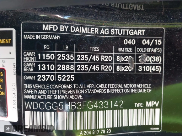 2015 Mercedes-Benz GLK 350 with VIN WDCGG5HB3FG433142, listed as a IAAI auction lot 41750389 with 97,189 mi miles and . Bid and sale history available at DreamBid. Image 9.