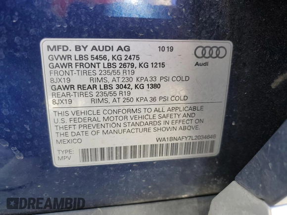 2020 Audi Q5 Premium Plus with VIN WA1BNAFY7L2034646, listed as a Copart auction lot 62927135 with 81,521 mi miles and Salvage title. Bid and sale history available at DreamBid. Image 14.
