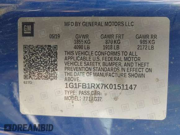 2019 Chevrolet Camaro 1LT z VIN 1G1FB1RX7K0151147, wystawiony jako IAAI lot #42179932 z przebiegiem 51 561 mil mil oraz . Historia ofert i sprzedaży dostępna na DreamBid. Obrazek 9.