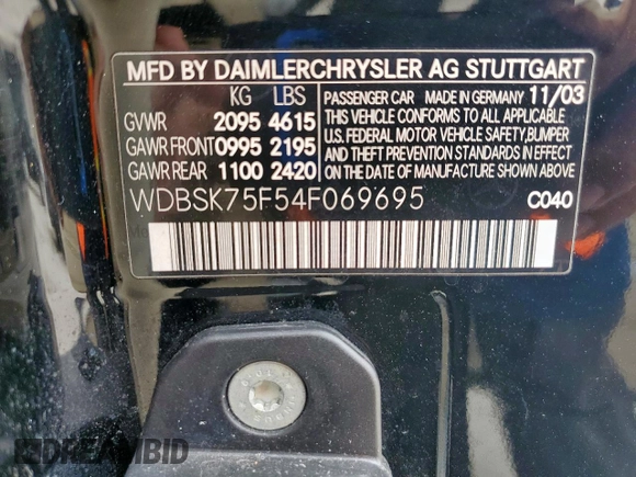 2004 Mercedes-Benz SL 500 with VIN WDBSK75F54F069695, listed as a Copart auction lot 57407635 with Not provided miles and Salvage title. Bid and sale history available at DreamBid. Image 12.
