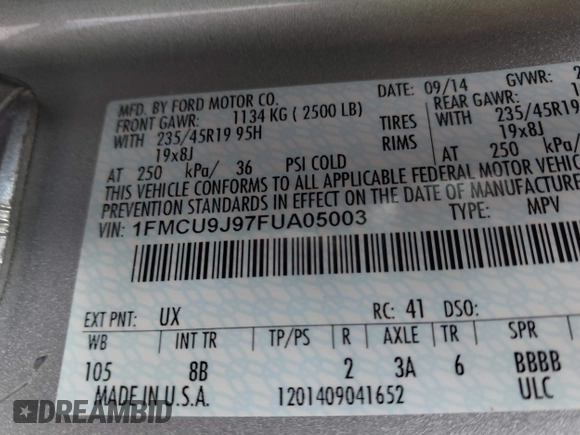 2015 Ford Escape Titanium with VIN 1FMCU9J97FUA05003, listed as a IAAI auction lot 41721214 with 51,644 mi miles. Bid and sale history available at carsss.com. Image 9.
