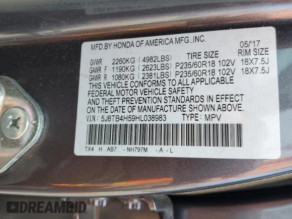 2017 Acura RDX Technology with VIN 5J8TB4H59HL038983, listed as a Copart auction lot 54939735 with 76,941 mi miles and Salvage title. Bid and sale history available at DreamBid. Image 13.