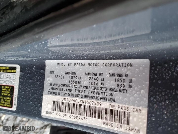 2022 Mazda Mazda3 Sedan Carbon Edition with VIN JM1BPACLXN1507599, listed as a Copart auction lot 48744595 with 24,455 mi miles and Salvage Title. Bid and sale history available at carsss.com. Image 13.