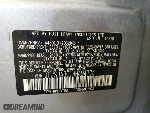 2017 Subaru Forester with VIN JF2SJABC1HH494774, listed as a Copart auction lot 60594175 with 161,297 mi miles and Salvage title. Bid and sale history available at DreamBid. Image 13.