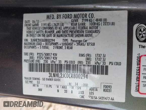 2012 Lincoln MKZ with VIN 3LNHL2JC0CR800294, listed as a IAAI auction lot 42423361 with 101,579 mi miles and . Bid and sale history available at DreamBid. Image 9.