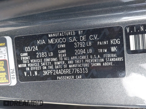 2024 Kia Forte LXS with VIN 3KPF24AD6RE776313, listed as a IAAI auction lot 41953934 with 10,174 mi miles. Bid and sale history available at carsss.com. Image 9.