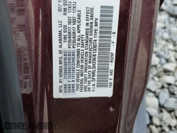 2014 Honda Odyssey LX with VIN 5FNRL5H29EB133074, listed as a Copart auction lot 52322725 with 44,804 mi miles and Salvage Title. Bid and sale history available at DreamBid. Image 15.