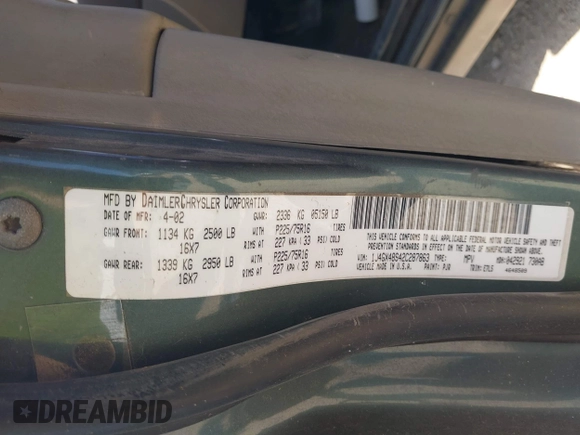 2002 Jeep Grand Cherokee Laredo с VIN 1J4GX48S42C287863, выставлен на аукционе IAAI как лот 41982433 с пробегом Не указан миль и . История ставок и продаж доступна на DreamBid. Изображение 9.