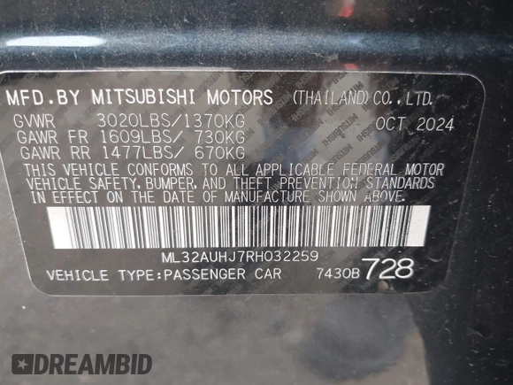 2024 Mitsubishi Mirage ES z VIN ML32AUHJ7RH032259, wystawiony jako IAAI lot #42431427 z przebiegiem 8 096 mil mil oraz . Historia ofert i sprzedaży dostępna na DreamBid. Obrazek 9.