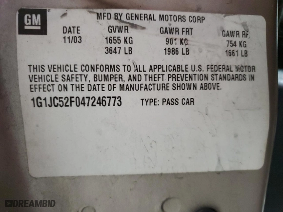 2004 Chevrolet Cavalier with VIN 1G1JC52F047246773, listed as a Copart auction lot 49378525 with NaN miles and Salvage Title. Bid and sale history available at carsss.com. Image 12.
