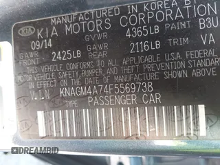 2015 Kia Optima LX with VIN KNAGM4A74F5569738, listed as a IAAI auction lot 41980622 with 161,434 mi miles. Bid and sale history available at carsss.com. Image 9.