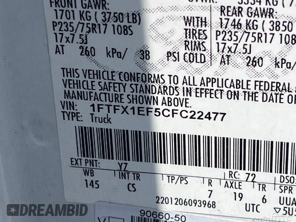 2012 Ford F-150 XL z VIN 1FTFX1EF5CFC22477, wystawiony jako IAAI lot #42658956 z przebiegiem 261 975 mil mil oraz . Historia ofert i sprzedaży dostępna na DreamBid. Obrazek 1.