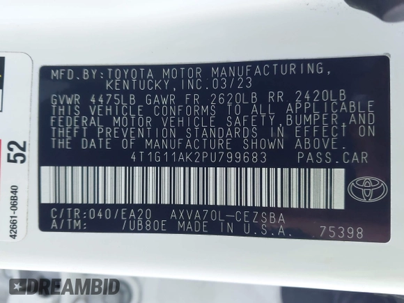 2023 Toyota Camry SE with VIN 4T1G11AK2PU799683, listed as a IAAI auction lot 41969271 with 32,332 mi miles and . Bid and sale history available at DreamBid. Image 9.