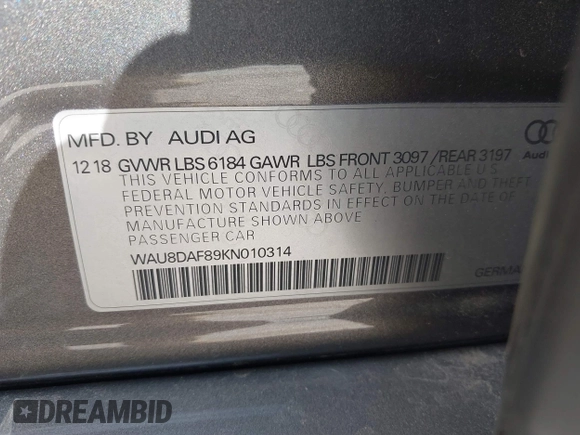 2019 Audi A8 L with VIN WAU8DAF89KN010314, listed as a IAAI auction lot 41767695 with 1 mi miles. Bid and sale history available at carsss.com. Image 9.