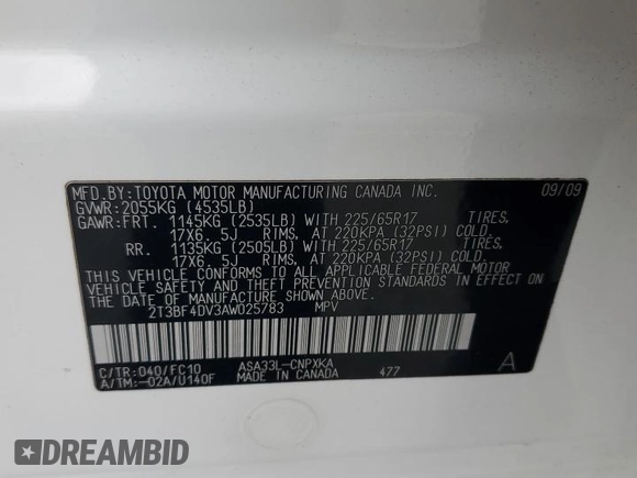 2010 Toyota RAV4 with VIN 2T3BF4DV3AW025783, listed as a Copart auction lot 53329785 with 117,712 mi miles and Salvage Title. Bid and sale history available at carsss.com. Image 14.