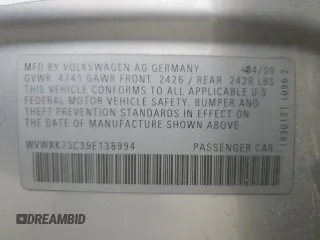 2009 Volkswagen Passat z VIN WVWXK73C39E138994, wystawiony jako Copart lot #70876274 z przebiegiem 118 057 mil mil oraz Czysty tytuł • Clean title. Historia ofert i sprzedaży dostępna na DreamBid. Obrazek 12.