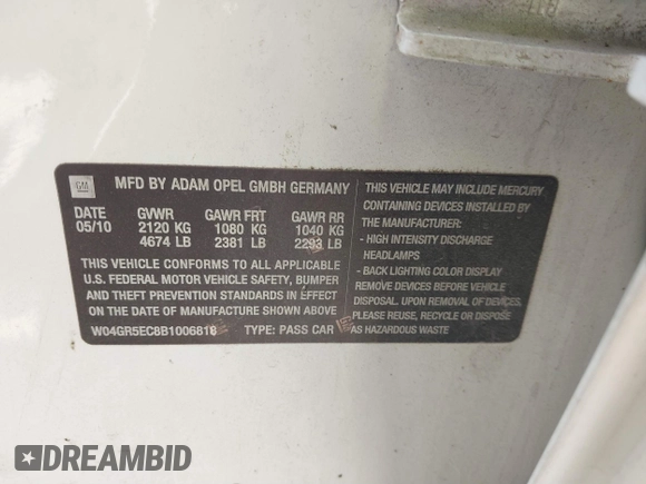 2011 Buick Regal CXL RL3 with VIN W04GR5EC8B1006818, listed as a IAAI auction lot 41868115 with 135,579 mi miles and . Bid and sale history available at DreamBid. Image 9.