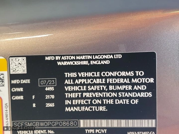 2023 Aston Martin Vantage with VIN SCFSMGBW0PGP08680, listed as a Copart auction lot 49828114 with 0 mi miles. Bid and sale history available at carsss.com. Image 13.