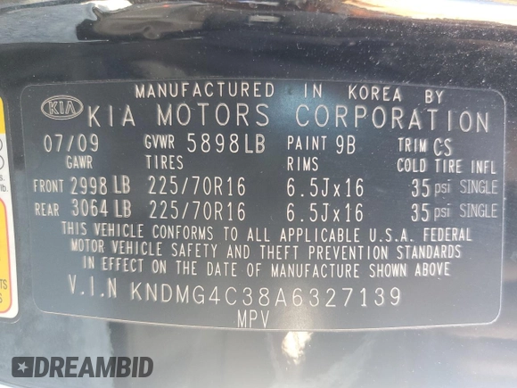 2010 Kia Sedona LX with VIN KNDMG4C38A6327139, listed as a Copart auction lot 72758954 with 172,870 mi miles and Salvage Title. Bid and sale history available at carsss.com. Image 13.