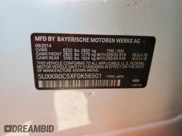 2015 BMW X5 xDrive35i with VIN 5UXKR0C5XF0K56501, listed as a Copart auction lot 52255845 with 0 mi miles and Clean Title. Bid and sale history available at carsss.com. Image 13.