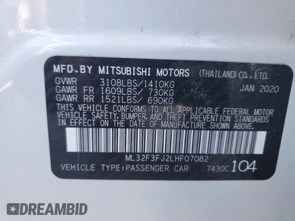 2020 Mitsubishi Mirage G4 ES with VIN ML32F3FJ2LHF07082, listed as a Copart auction lot 53023144 with 14,948 mi miles. Bid and sale history available at carsss.com. Image 12.