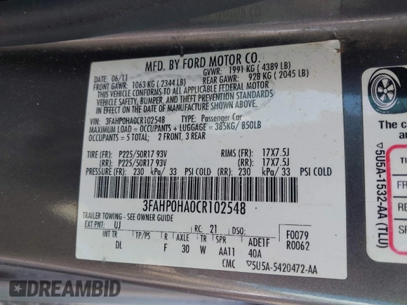 2012 Ford Fusion SE with VIN 3FAHP0HA0CR102548, listed as a IAAI auction lot 42628344 with 166,597 mi miles and . Bid and sale history available at DreamBid. Image 9.