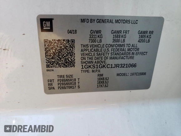2018 GMC Yukon XL SLT with VIN 1GKS1GKC1JR321066, listed as a Copart auction lot 66789274 with 101,889 mi miles and Salvage Title. Bid and sale history available at carsss.com. Image 13.