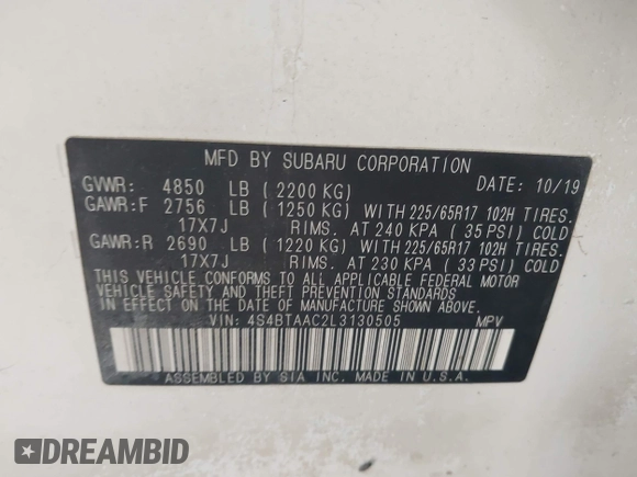 2020 Subaru Outback with VIN 4S4BTAAC2L3130505, listed as a IAAI auction lot 41911265 with 305,965 mi miles and . Bid and sale history available at DreamBid. Image 9.