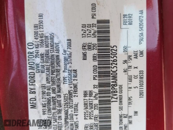 2012 Ford Mustang Premium с VIN 1ZVBP8AM0C5265025, выставлен на аукционе Copart как лот 59537985 с пробегом 101 435 миль миль и Списание • Salvage title. История ставок и продаж доступна на DreamBid. Изображение 13.