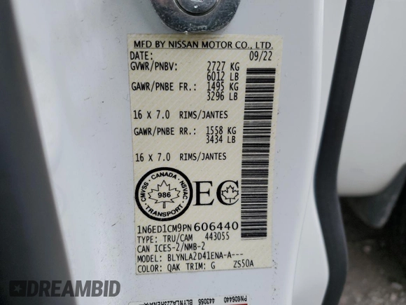2023 Nissan Frontier S with VIN 1N6ED1CM9PN606440, listed as a Copart auction lot 54537205 with 58,103 mi miles and Salvage title. Bid and sale history available at DreamBid. Image 13.
