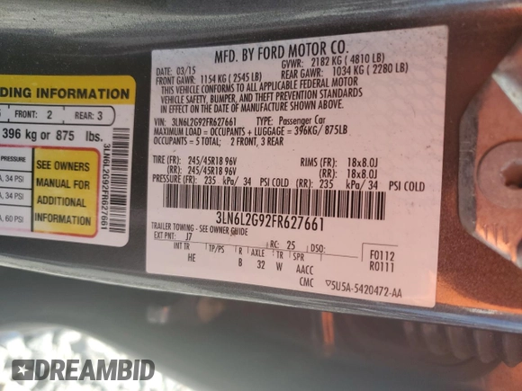 2015 Lincoln MKZ with VIN 3LN6L2G92FR627661, listed as a Copart auction lot 53095985 with 145,758 mi miles and Clean Title. Bid and sale history available at DreamBid. Image 12.