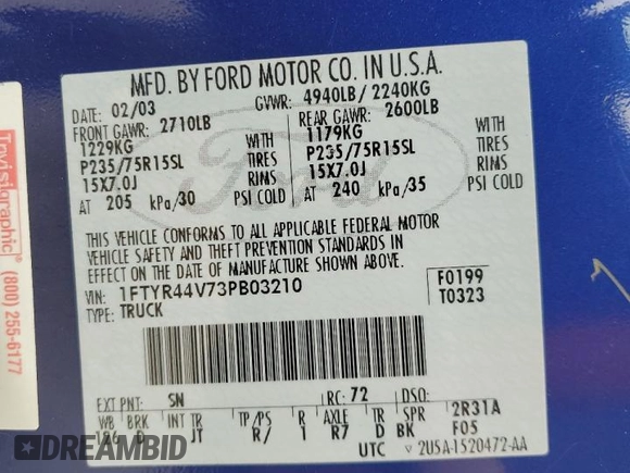 2003 Ford Ranger XL Fleet with VIN 1FTYR44V73PB03210, listed as a Copart auction lot 53499305 with 166,212 mi miles and Salvage title. Bid and sale history available at DreamBid. Image 13.