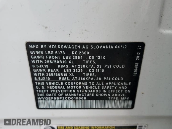 2012 Volkswagen Touareg Sport with VIN WVGEF9BP2CD010668, listed as a Copart auction lot 55306485 with 166,255 mi miles and Clean Title. Bid and sale history available at DreamBid. Image 13.