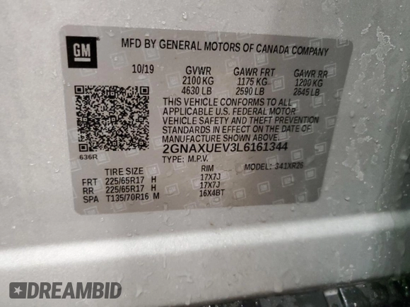 2020 Chevrolet Equinox LT with VIN 2GNAXUEV3L6161344, listed as a Copart auction lot 41813065 with 74,254 mi miles and Non Repairable. Bid and sale history available at DreamBid. Image 15.