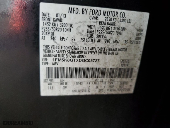 2013 Ford Explorer Sport with VIN 1FM5K8GTXDGC03727, listed as a Copart auction lot 49154785 with 143,329 mi miles and Salvage Title. Bid and sale history available at carsss.com. Image 13.