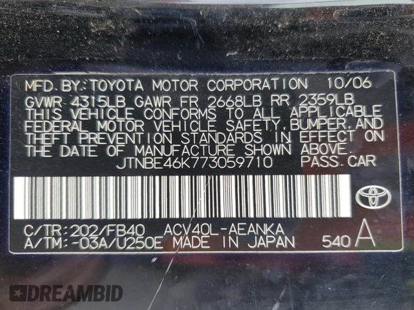 2007 Toyota Camry CE with VIN JTNBE46K773059710, listed as a Copart auction lot 49622605 with 162,796 mi miles and Clean Title. Bid and sale history available at DreamBid. Image 12.