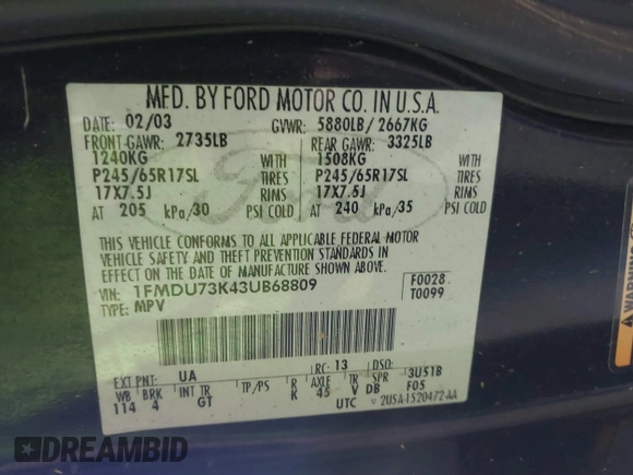 2003 Ford Explorer XLT z VIN 1FMDU73K43UB68809, wystawiony jako IAAI lot #41813818 z przebiegiem 134 012 mil mil oraz . Historia ofert i sprzedaży dostępna na DreamBid. Obrazek 9.