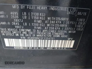 2015 Subaru Outback Limited with VIN 4S4BSBNC5F3354701, listed as a IAAI auction lot 42006950 with 181,661 mi miles and . Bid and sale history available at DreamBid. Image 9.