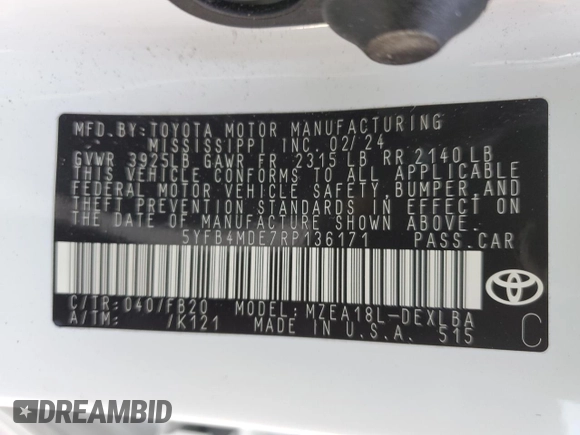 2024 Toyota Corolla LE with VIN 5YFB4MDE7RP136171, listed as a Copart auction lot 52683815 with 13,274 mi miles and Salvage title. Bid and sale history available at DreamBid. Image 13.
