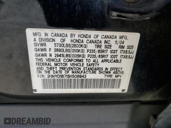 2005 Acura MDX Touring z VIN 2HNYD18715H508943, wystawiony jako Copart lot #77734044 z przebiegiem 294 205 mil mil oraz Szkoda całkowita • Salvage title. Historia ofert i sprzedaży dostępna na DreamBid. Obrazek 15.