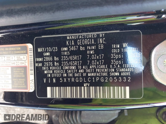 2023 Kia Sorento LX with VIN 5XYRGDLC1PG205332, listed as a IAAI auction lot 41776625 with 47,300 mi miles. Bid and sale history available at carsss.com. Image 9.
