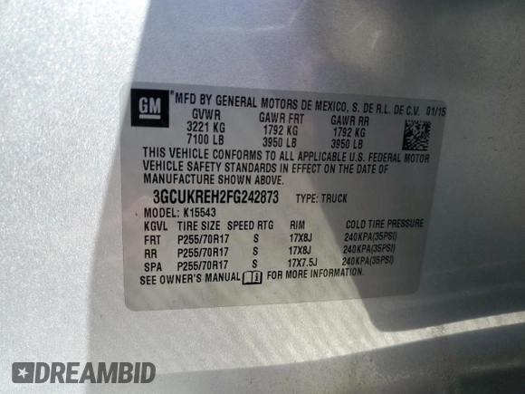 2015 Chevrolet Silverado 1500 LT with VIN 3GCUKREH2FG242873, listed as a Copart auction lot 73356814 with 131,045 mi miles and Salvage Title. Bid and sale history available at DreamBid. Image 14.