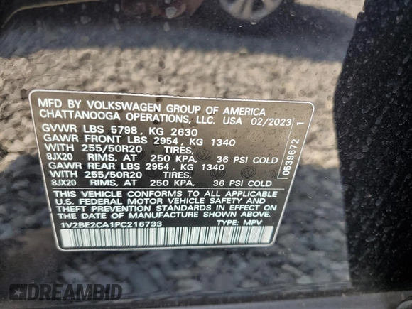 2023 Volkswagen Atlas SEL with VIN 1V2BE2CA1PC216733, listed as a Copart auction lot 59392255 with 28,011 mi miles and Salvage title. Bid and sale history available at DreamBid. Image 13.
