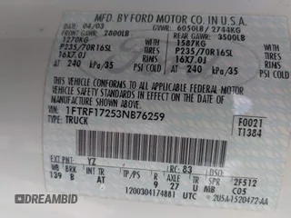 2003 Ford F-150 XL with VIN 1FTRF17253NB76259, listed as a IAAI auction lot 42343861 with Not provided miles and . Bid and sale history available at DreamBid. Image 9.