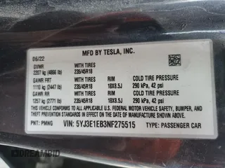 2022 Tesla Model 3 Long Range with VIN 5YJ3E1EB3NF275515, listed as a Copart auction lot 52566515 with 55,980 mi miles and Salvage Title. Bid and sale history available at carsss.com. Image 13.